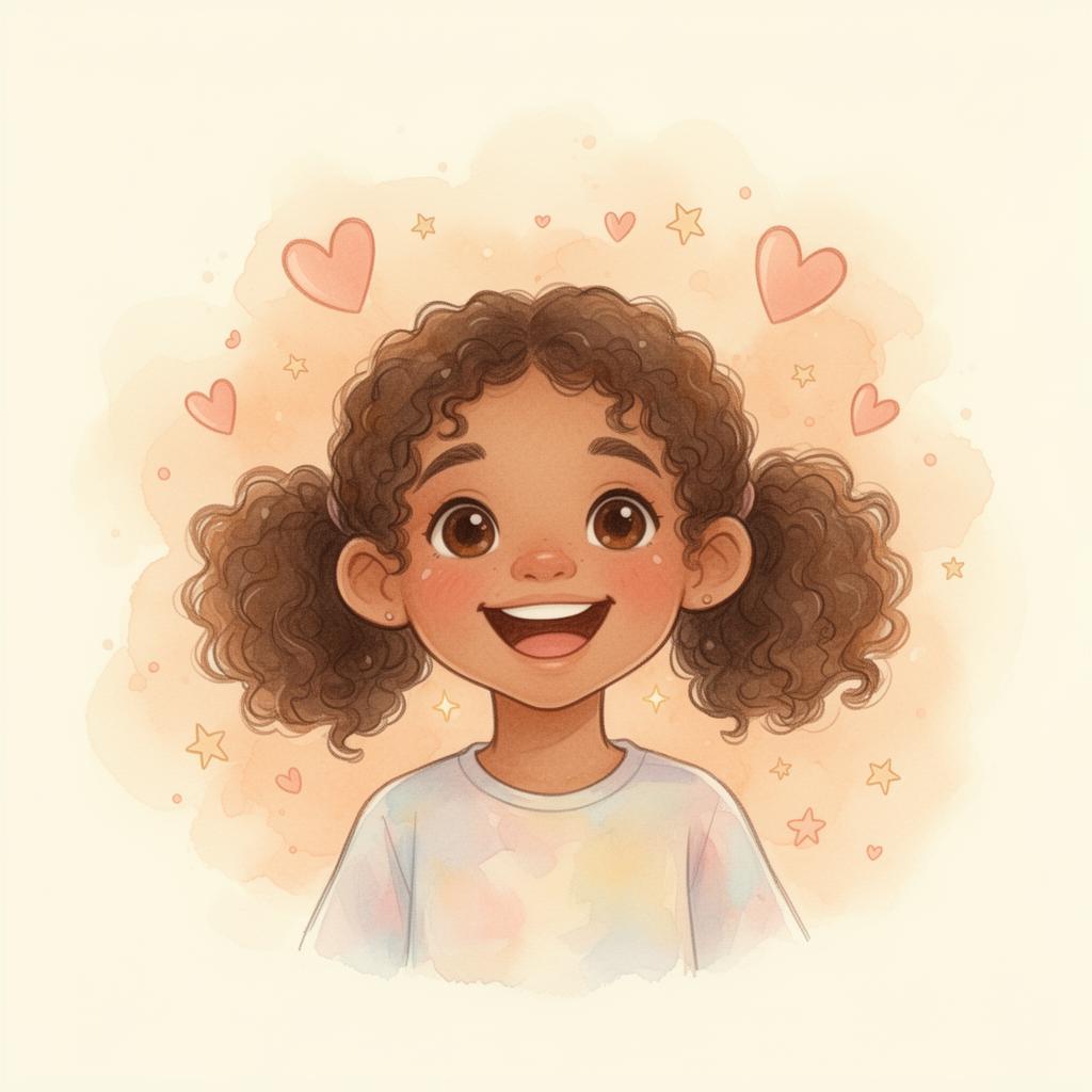 Watercolor portrait of Naomi, a joyful child with bright eyes